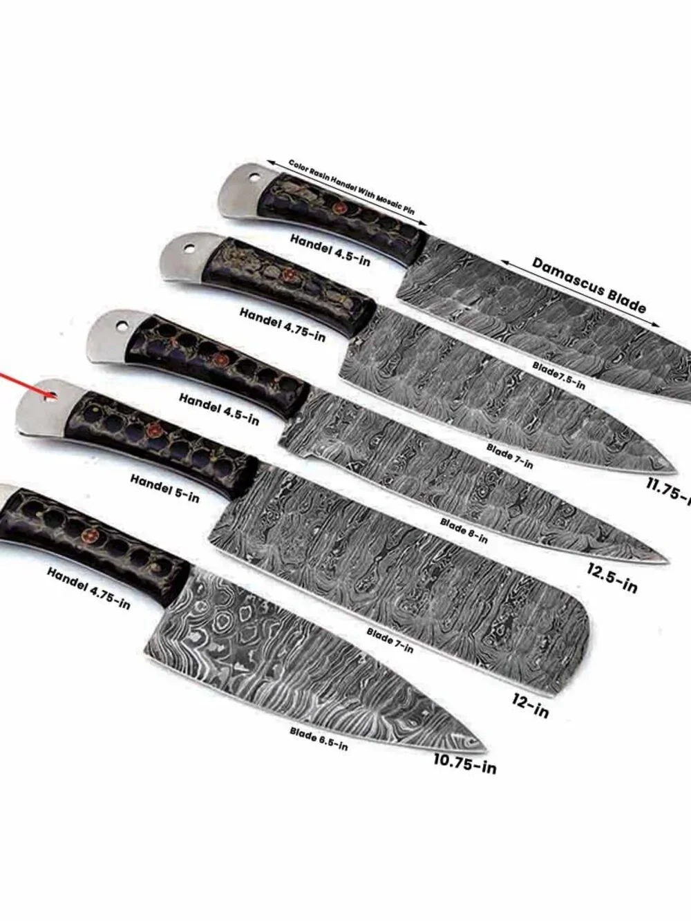 Damascus Kitchen Knife Set 5PC Blue Resin Handle Chef Knives